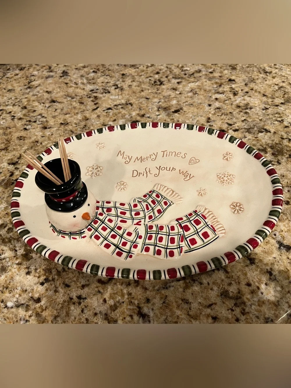 Grasslands Road Cream Christmas Snowman Serving Platter with Red and Green Trim